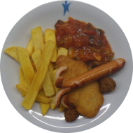 Grillplatte mit Hähnchenbrust, Grillwürstchen, Partyfrikadelle und mediterranem Gemüse (2,3,8,15,21,22,81) dazu Steakhouse Pommes