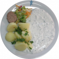 Kräuterquark hausgemacht mit Leberwurst und Butter dazu Petersilienkartoffeln (2, 3, 19, 51)