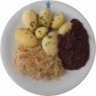 Tiegelwurst (2,3,4,22,51,52,54,81), Bratensoße (81), Sauerkraut mit Speck (3,51), Kartoffeln