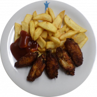 würzige Chickenwings mit BBQ-Soße, Pommes frites und American Coleslaw(13,18,21,48,49,54)