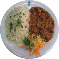Mexikopfanne ' Chili con carne ' mit Hackfleisch, Kidneybohnen, Mais, Zwiebel und Paprika dazu Reis (9,21,49,51,52,81)