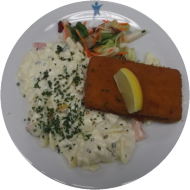 Backfisch paniert mit hausgemachtem Kartoffelsalat, Dillzweig und Zitronenecke (1,2,9,15,16,22,81)