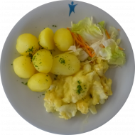 Blumenkohl überbacken mit Käse und Sauce Hollandaise (15,19,21) dazu Petersilienkartoffeln 