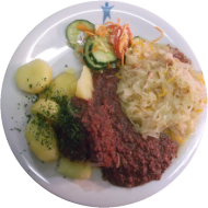 Grützwurst mit würzigem Sauerkraut und Petersilienkartoffeln (2,3,4,22,51,52,54,81)