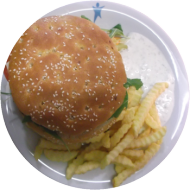 Riesen-Campus-Cheese-Burger mit Rinderhackfleisch, Salat, Käse, Snacksoße und Pommes frites dazu Dip (9,15,19,22,23,51,52,81)