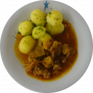 Schweinegulasch „Szegediner Art“ mit Sauerkraut, Schmand und Petersilienkartoffeln (19,51,81) 