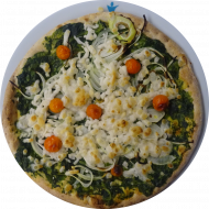 Pizza 'Florentine' mit Blattspinat, Kirschtomaten und Zwiebeln (18,81)