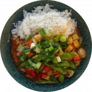 mensaVital: Asiatische Gemüsepfanne mit Tofu, Möhren, Paprika und Zuckerschoten dazu Basmatireis (2,18,81) 