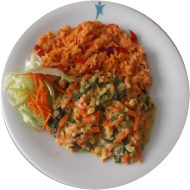 Vegan: Linsen-Spinat-Curry (3,18) dazu bulgarisches Paprikarisotto und Möhren-Eisberg-Salat
