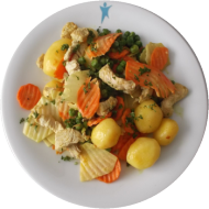 Kartoffel-Gemüse-Pfanne mit Putenbruststreifen und Curry (3,19,21,54,81)