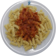Vegan: Spirelli (81) mit Tomatensoße 'Napoli' (81) dazu Birnenkompott