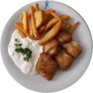 Fish 'n' Chips mit Remoulade (9,15,16,19,81) inkl. Vorsuppe: Eierflocken-Gemüse-Suppe (3,15,21)
