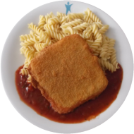 Hausgemachtes gebackenes Käseschnitzel (15,19,81) mit Tomatensoße Napoli (81) dazu Spirelli (81) und frisches Obst