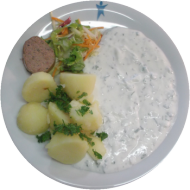 Kräuterquark mit Leberwurst und Butter dazu Petersilienkartoffeln (2,3,19,51)