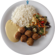 Vegan: Frittierte Kichererbsenbällchen 'Falafel' (21,81), Curry-Ingwer-Soja-Dip (3,18), Asia-Pfannengemüse (18,81),Basmatireis