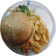Riesen-Campus-Cheese-Burger mit dicken Pommes und Dip (2,3,15,19,21,22,23,24,52,81)