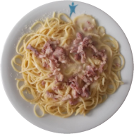 Spaghetti (81) mit Sauce Carbonara (1,2,19,51,81) und geriebenem Parmesan (19)