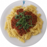 Vegan: Grünkernragout mit Tomate und Rucola (49,81,85), Spirelli (81)