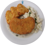 Vegan: Knuspriges Sellerieschnitzel (21,81) mit Bärlauchsoße (81),Blumenkohl, Kartoffelröstiecken