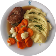 Beefsteak (51,81), grüne Pfeffersoße (3,81), feine Gemüsemischung, Kartoffelpüree(3,19)