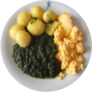 Rührei (15) mit Spinat (81) dazu Petersilienkartoffeln oder Bratkartoffeln