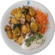 Vegan: Kartoffelpfanne mit Champignons und Rosmarin (49), Kräuter-Soja-Joghurt-Dip (3,18), Garnitur
