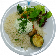 Bunter Gemüßespieß mit Kräuterdip und Reis (3,9,19,81) 