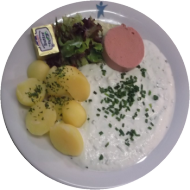 Schnittlauchquark mit Butter und Leberwurst dazu Salzkartoffeln (2,3,19,51)
