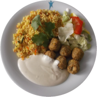 Vegan: Frit. Kichererbsenbällchen 'Falafel' (21,81),Curry-Ingwer-Soja-Dip (3,18),Couscous,Linsen (21,49,81),Garnitur 