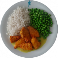 Chicken Crossies (54,81) mit Currysoße (81), Erbsengemüse, Basmatireis