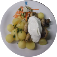 Champignonpfanne mit Bärlauch dazu Kartoffeln und Creme fraiche Dip (19,81)