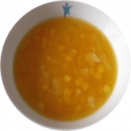 Vegan: Kalte Fruchtsuppe 'Tropical' mit Mango und Ananasstückchen dazu Milchbrötchen (81,83)