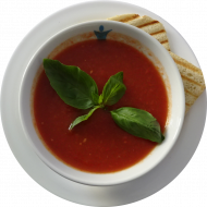 Gazpacho “Andaluz” (Kalte Suppe)(0,2l) aus Paprika, Tomate, Knobl. und Chili (49) mit Toast (81)