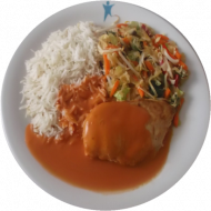 Hähnchenbrust in Kokos-Curry-Soße (18,54,81) mit chines. Pfannen Gemüse (18,81) dazu Basmatireis