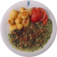 Vegan: Kichererbsencurry mit Spinat und frischen Möhren (3,18,81) dazu würzige Schwenkkartoffeln und Tomatensalat