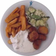 Fish 'n' Chips mit Remoulade (9,15,16,19,81) dazu Gurken-Weißkraut-Salat