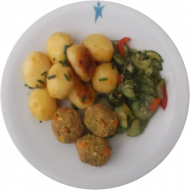 Vegan: Gemüsebä. (18,21,81), Zucchini-Paprika-Gemüse, geschw. Chili-Kräuter-Kart.