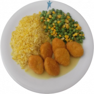 Vegane Knuspernuggets (18) mit Currysoße (81) dazu Erbsen-Mais-Gemüse, Kurkumareis