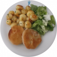 Vegan: Hausgemachtes Kohlrabischnitzel (3,21,81),Kressesoße (81),Kräuter-Chili-Kartoffeln,Kopfsalat mit Dill