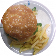 Riesen-Campus-Burger mit Rindfleisch, Salat und Pommes frites (9, 15, 19, 22, 23, 51, 52, 81)