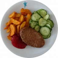 Schlemmerhacksteak (15,19,21,22,52,81), Kräuter-Tomaten-Dip (9), Kartoffelspalten, Gurken-Kresse-Salat