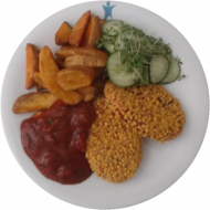 Vegan: Rote Bete-Puffer (81) mit Kräuter-Tomatn-Dip (9), Kartoffelspalten und Gurken-Kresse-Salat