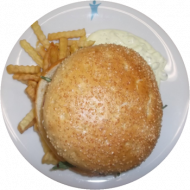 Campus-Cheese-Burger mit Rind, BBQ Dip dazu Pommes frites (2,3,19,21,24,44,55,81)