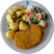 Vegan: Sellerieschnitzel (21,81) mit grüner Pfeffersoße (3,81) und buntem Rahmgemüse (18,81) dazu Kräuter-Chili-Kartoffeln