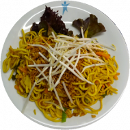 Asiatische Bratnudelpfanne mit buntem Gemüse, mit oder ohne Hähnchenbruststreifen und Ei (2,15,18,54,81)