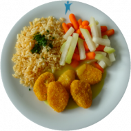 Hähnchennuggets in Cornflakes-Panade (54,81,83), Currysoße (81), Möhren-Kohlrabi-Gemüse, gebratener Chilireis