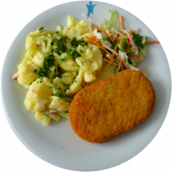 Vegan: Gemüse-Knusperschnitzel (21,81), Kartoffelsalat mit Radieschen, Gurke und Kräutern (3,9,21,22), Garnitur