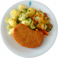 Vegan: Sellerieschnitzel (21,81), frisches Zucchini-Paprika-Gemüse,Kräuter- Chili-Kartoffeln