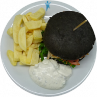 Campus Burger 'Heavey Metal' - Pulled Pork mit Salat, Käse überbacken, BBQ Soße dazu Pommes frites mit Dip (1,2,3,4,21,22,51,81,83)