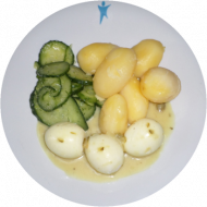 Eier in Senfsoße (9,15,19,22), dazu Kräuterkartoffeln und Gurkensalat
